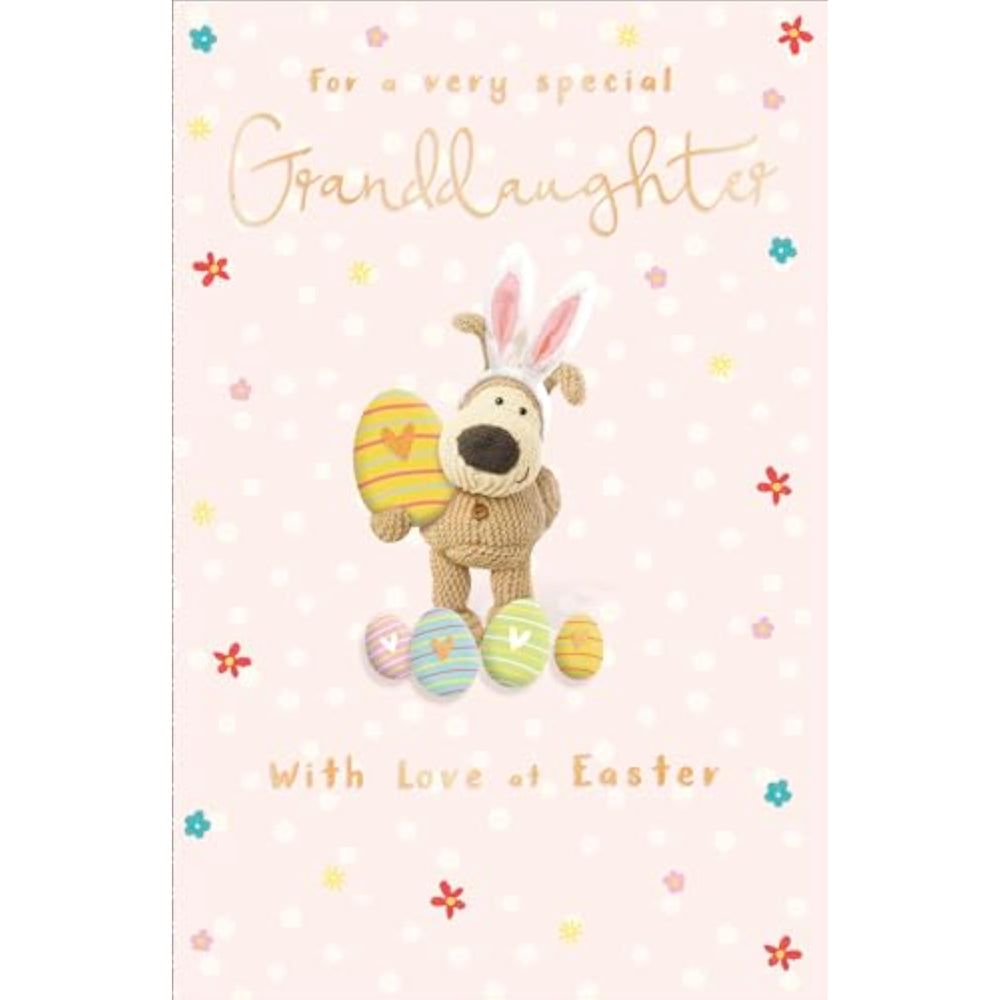 UK Greetings Boofle Easter greeting card featuring a playful rabbit design, perfect for celebrating a granddaughter's special occasion.