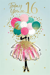 Kingfisher Cards Milestone Age 16 Birthday Greeting Card - From The Shimmer Range - Girl With Pink Skirt & Balloons - With A Gold Foil Finish