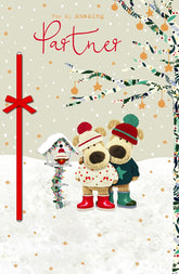 Christmas Greeting Card for Partner with Boofle Dogs Next to Bird Table Design