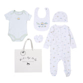 White dinosaur and rainbow 5-piece baby bedding set by M N House Wholesale, includes comforter, sheets, and pillowcases.