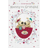 Boofles With Coffee Mugs Nanny and Grandad Christmas card