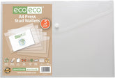 A4 50% Recycled Clear Transparent Press Stud Popper Wallet, Plastic Folders 310x238mm (Pack of 5)