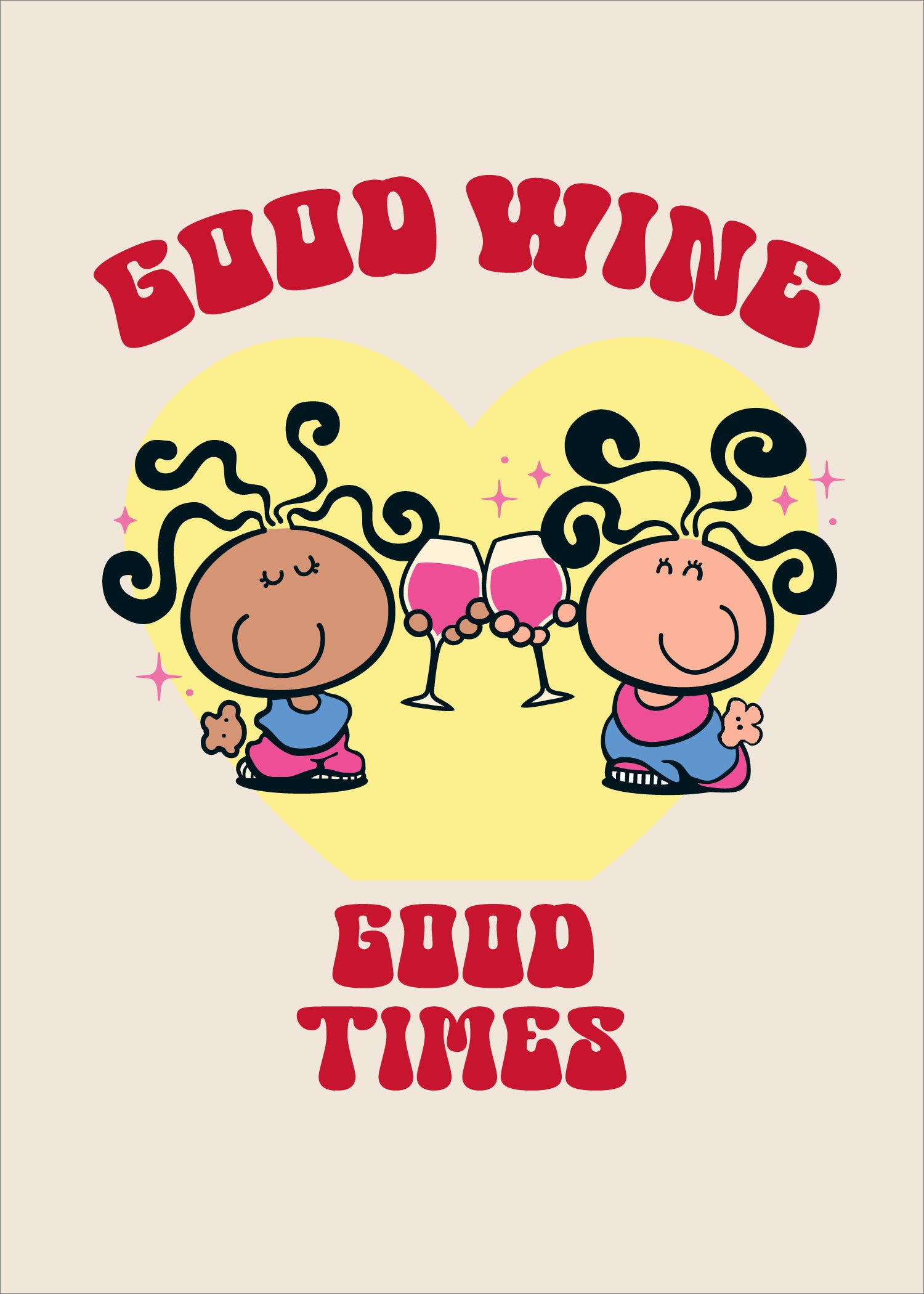 Funny greeting card featuring bubblegum, wine, and good times with playful illustrations by M N House Wholesale.