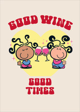 Funny greeting card featuring bubblegum, wine, and good times with playful illustrations by M N House Wholesale.