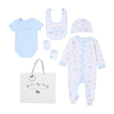 White and blue "Precious Boy" 5-piece gift set from M N House Wholesale, featuring baby clothing and accessories.