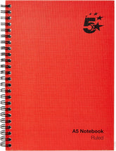 Set of five red 5 Star Manuscript Wirebound Books, A5 size, 70gsm ruled pages, 160 pages each, ideal for writing and note-taking.