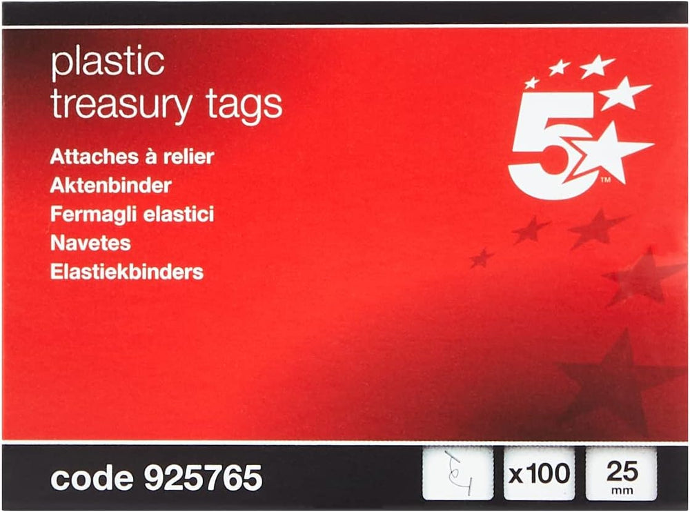 Red 5 Star Office Treasury Tags made of plastic, 25mm end, pack of 100, ideal for organizing documents and office supplies.