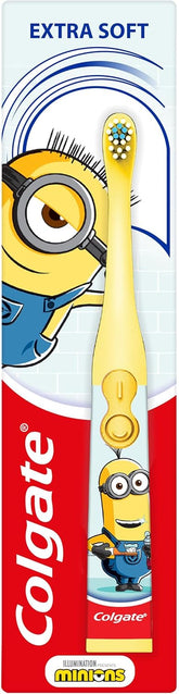 Colgate Minions kids battery-powered toothbrush with extra-soft bristles for children ages 3 and up, featuring Minions character design.