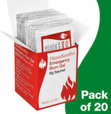Safety First Aid Group HypaSoothe burn gel sachets, 6g each, in a pack of 20 for emergency first aid burn relief.