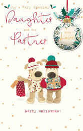 Christmas Greeting Card for Daughter and Partner – Cute Boofle Holding Gifts Festive Design