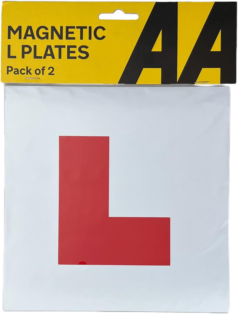 Pair of white AA Magnetic L Plates for automotive use, featuring strong magnetic backing for secure attachment.