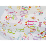 Abacus Cards Happy Birthday gift wrap with cheerful text and matching tags, featuring colorful design on two sheets and two tags.