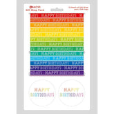 Bright rainbow stripe gift wrap sheets with matching tags and greeting card by Abacus Cards, featuring colorful, cheerful design.