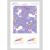 Abacus Cards unicorn-themed greeting card with gift wrap sheets and tags, featuring colorful unicorn illustrations and decorative designs.