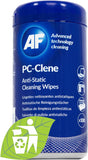 AF Anti-Static PC Cleaning Wipes shown, soft cloths designed to remove static and dust from computer screens and components.