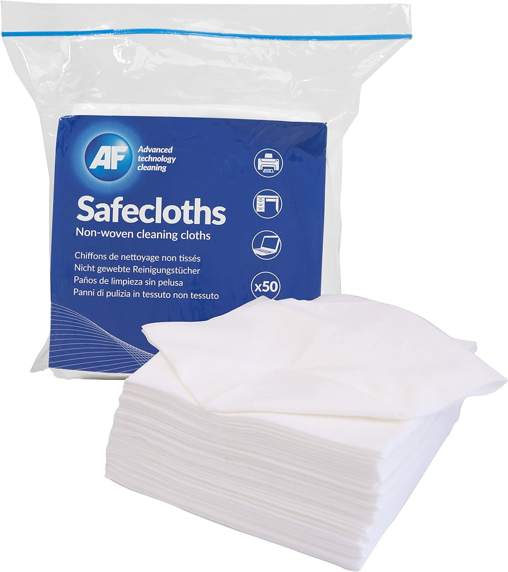 AF Safecloths lint-free cleaning cloths in white, 340x320mm size, pack of 50, ideal for general use and delicate surfaces.