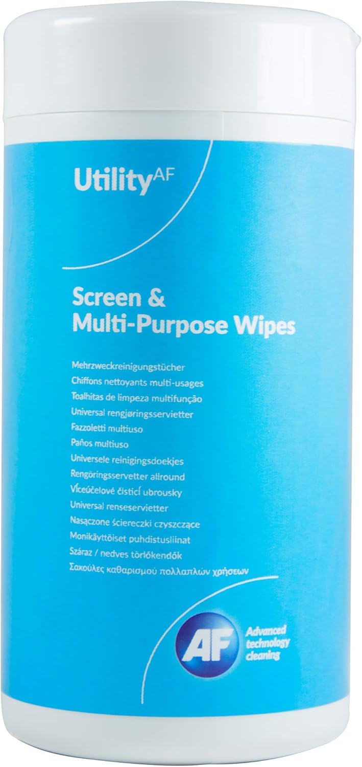 AF multipurpose cleaning wipes in a tub, designed for screen and surface cleaning, with a pack of 100 wipes for versatile use.