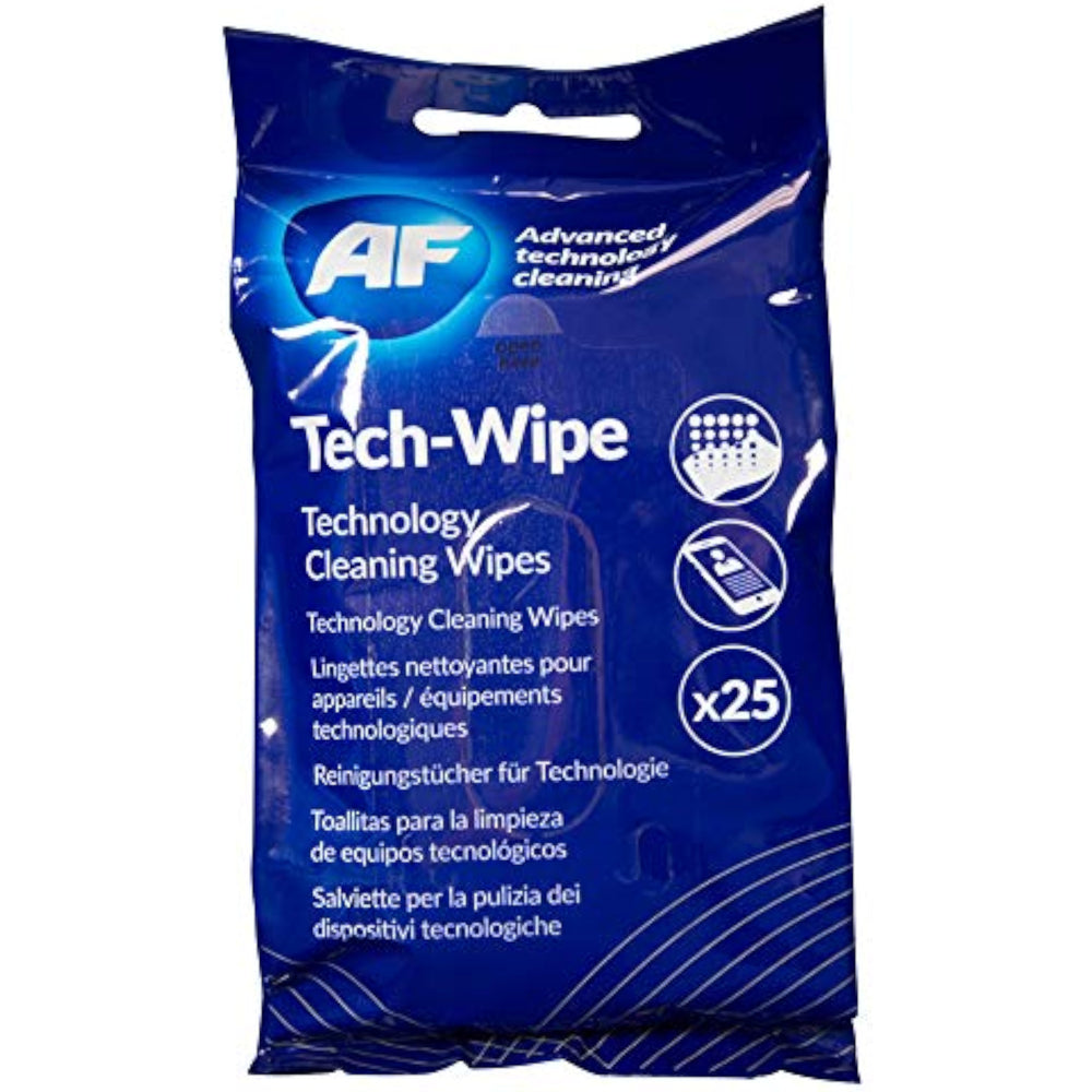 AF Tech Cleaning Wipes for screens, tablets, phones, VR headsets, laptops, keyboards, and lenses, providing a gentle, effective clean.