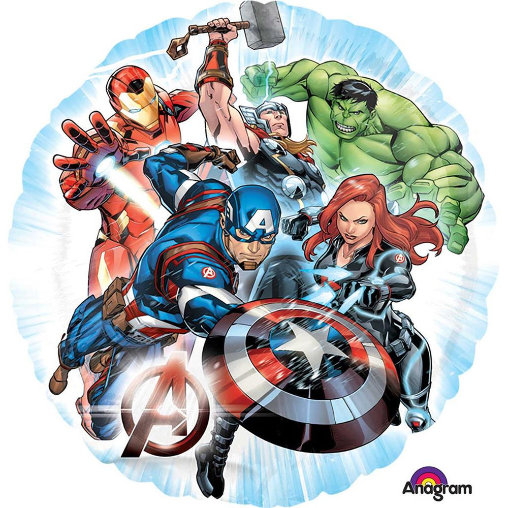 Anagram Marvel Avengers foil balloon featuring superhero graphics, shiny metallic surface, suitable for celebrations and decorations.