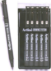 Artline drawing system with black technical pens in various nib sizes 0.1mm to 0.8mm for detailed artwork and precise lines.