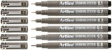 Artline black technical drawing pen in various tip sizes (0.1mm to 0.8mm) for precise art and stationery work.