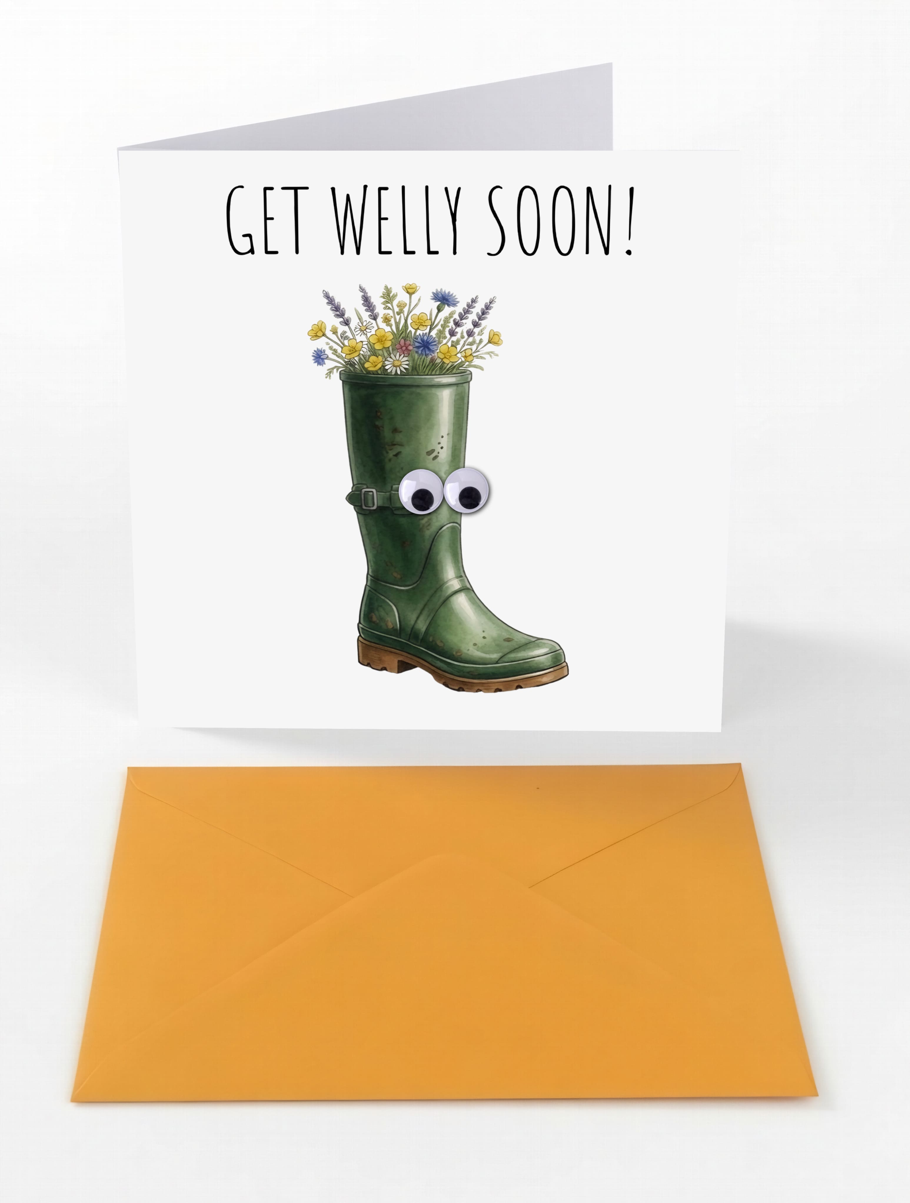 Funny "Get Welly Soon!" greeting card with googly eyes and orange envelope from M N House Wholesale, designed to cheer up recipients.