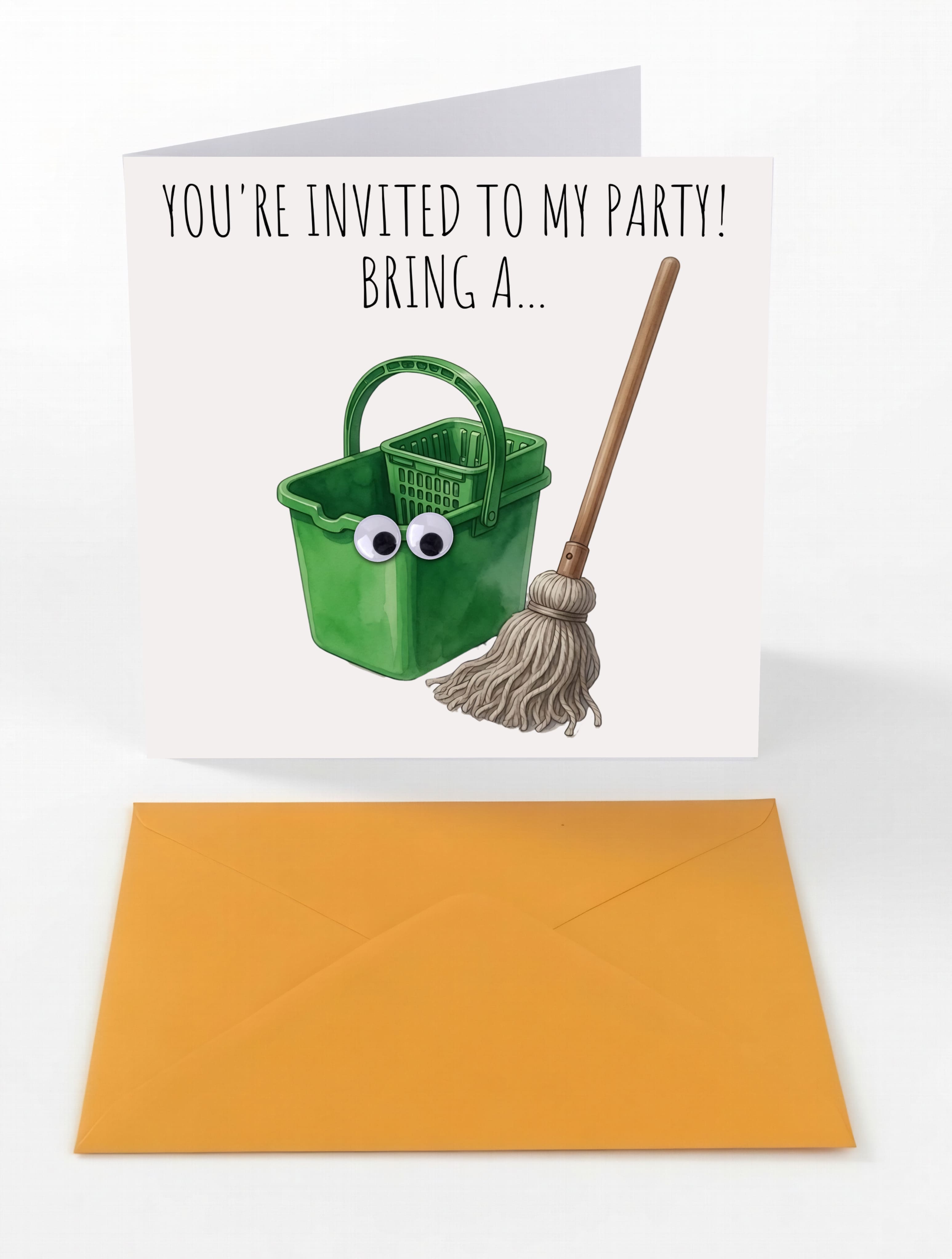 Funny "You're Invited to My Party" greeting card with googly eyes and orange envelope, by M N House Wholesale.