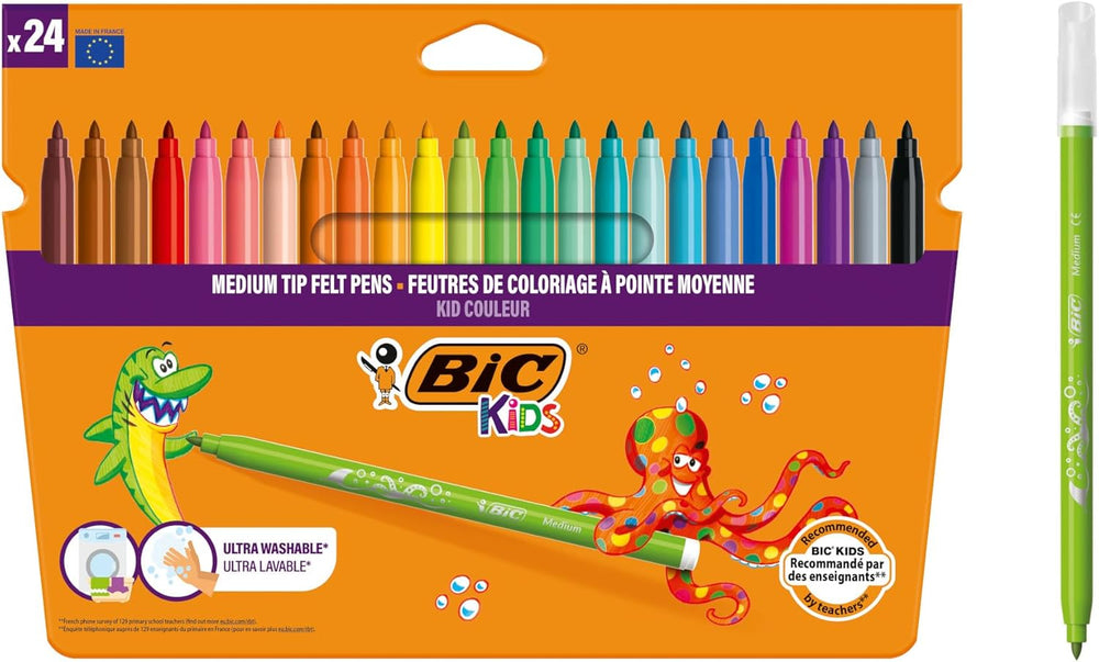 BIC Kids Couleur felt tip colouring pens in assorted colors, pack of 24, ideal for children's art and craft projects.