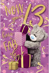 Carte Blanche 13th birthday bear stacking gifts greeting card with colorful illustrations and cheerful design.