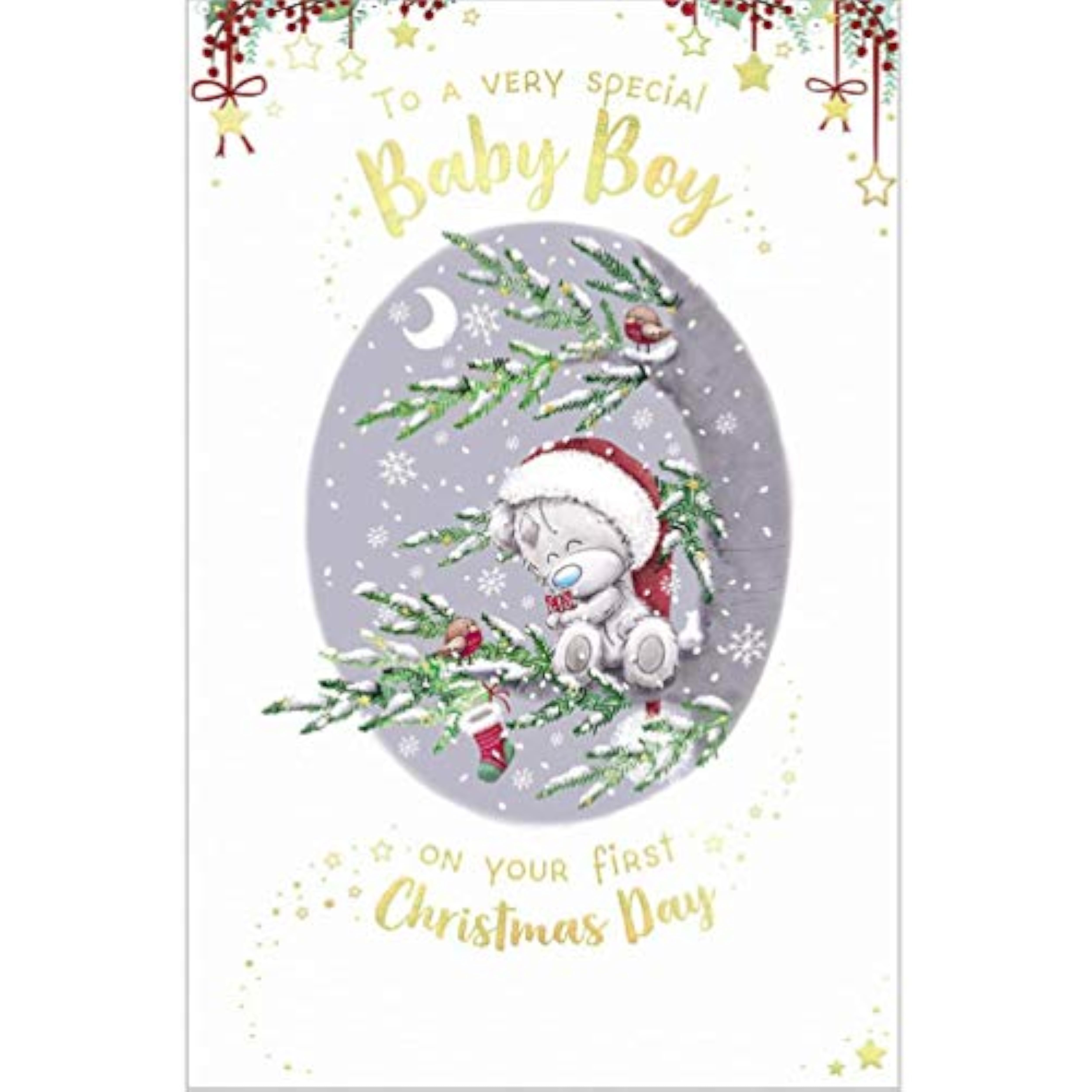 Carte Blanche baby boy greeting card featuring a cute bear in a tree for first birthday celebration.