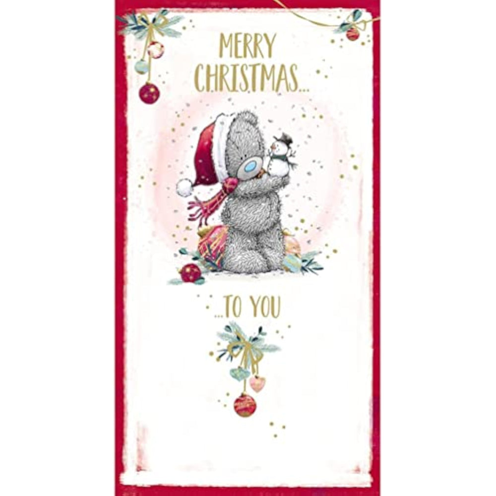 Open Christmas greeting card by Carte Blanche featuring a bear holding a snowman illustration.