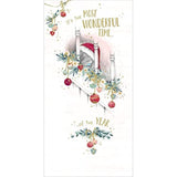 Carte Blanche Christmas Bear greeting card featuring a bear on a staircase, festive and charming holiday greeting card design.