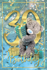 Carte Blanche Teddy 30th Bear greeting card featuring a cute bear holding a gift, perfect for celebrating special occasions.