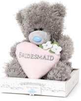 Carte Blanche Tatty Teddy Bear soft toy with a love heart, standing on a gift plinth, perfect for bridesmaids and special occasions.