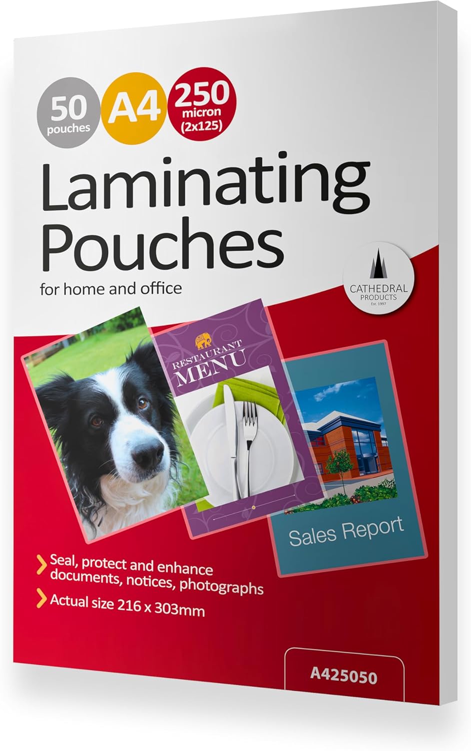 Pack of 50 Cathedral Products A4 gloss laminating pouches, 250 micron for office supplies and document protection.