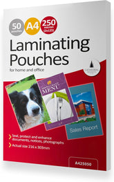 Pack of 50 Cathedral Products A4 gloss laminating pouches, 250 micron, for office laminating and binding needs.