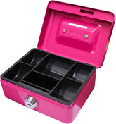 Pink 4-inch cash box with coin slot and lift-out 6-compartment coin tray, ideal for office security and storage.