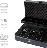 Black Cathedral Products cash box with foam lining and cantilever coin tray for secure office storage.