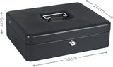 Black Cathedral Products cash box with foam lining and cantilever coin tray for secure office storage and cash management.