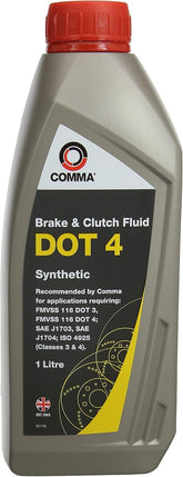 Comma BF41L 1L Dot 4 brake and clutch fluid bottle, automotive lubricant with yellow cap and label, for vehicle maintenance.