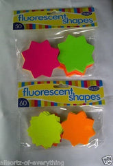 Colorful fluorescent 60mm star-shaped craft shapes in a pack of three from County, ideal for DIY projects and decorations.
