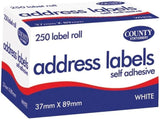 County stationery address label roll with 250 adhesive labels, ideal for mailing and organization.