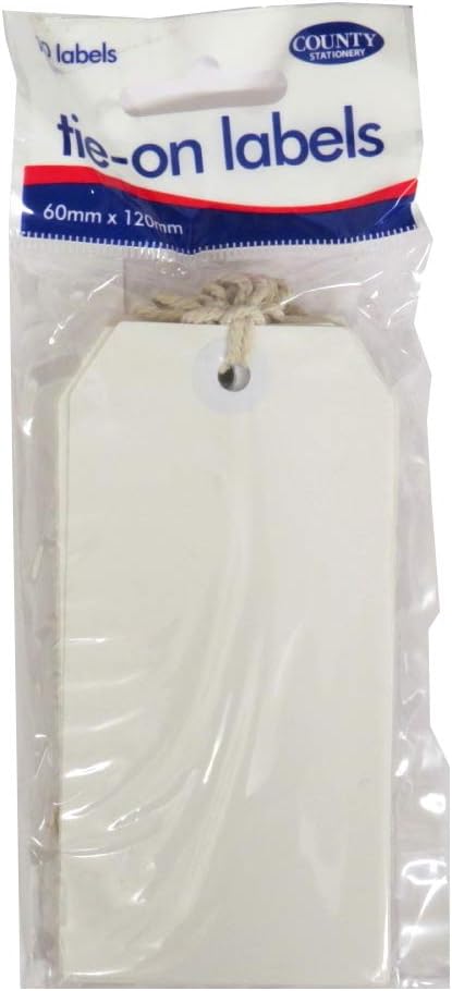 White County Strung Tags, 120 x 60mm, in a pack of 10, featuring string for easy attachment, ideal for organization and labeling.