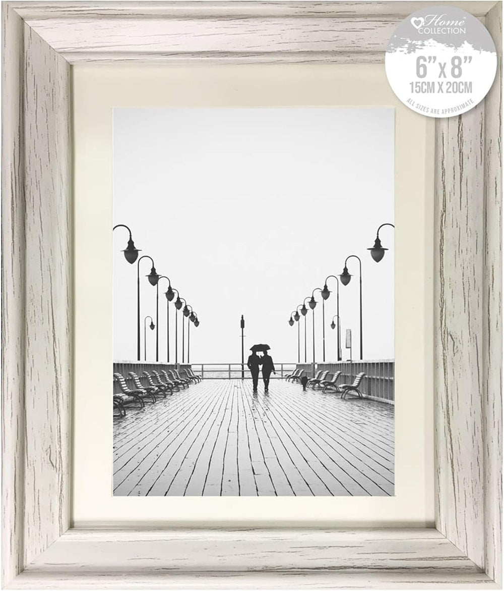 White shabby chic DG photo frame with distressed wood finish, 6x8 size, featuring a simple solitaire design for displaying photos.
