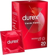 Durex Thin Feel condoms 20-pack, sleek and discreet packaging for sexual health and contraception.