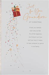 Festive Christmas Card for Grandson – Present & Snowflake Illustration