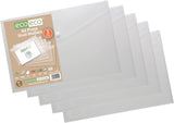 A4 recycled clear plastic wallet with press stud closure, Eco-Eco Stationery, 310x238mm, pack of 5 for filing and storage.