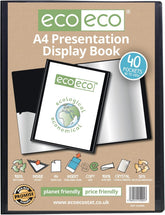 Eco-Eco Stationery A4 black presentation display book with 40 pockets, eco-friendly, durable, and made from 50% recycled materials.