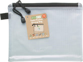 Eco-Eco Stationery 90% recycled clear flat pencil case, 20x13cm, eco-friendly and durable, shown with pens inside.