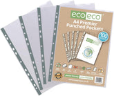 Pack of 100 Eco-Eco Stationery A4 recycled multi-punched pockets, 90 microns thick, durable, eco-friendly document protection.